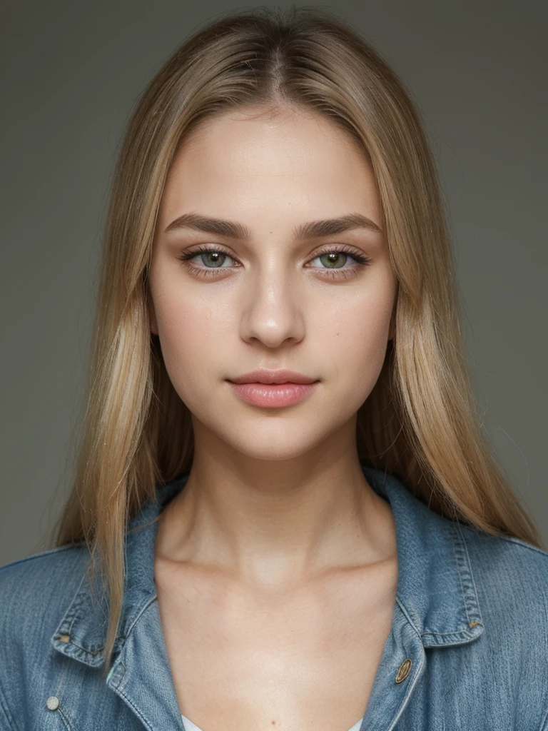 girl with waist-length blonde hair. Oval face. Small and proportional nose with a smooth straight profile with symmetry and naturalness. Large, expressive eyes with a vibrant green color with a penetrating look with long, defined eyelashes. Full and well-defined lips with marked cupid curves of moderate size and symmetrical. nose, eyes, lips and ears are balanced and complement the oval shape of the face, symmetrical with each other, healthy and well-groomed skin, as well as shiny and well-groomed hair. (Textured Skin), (((Life Real))). (((petite))), (((smal))). A panoramic photo wearing ripped blue jeans, red blouse and denim jacket