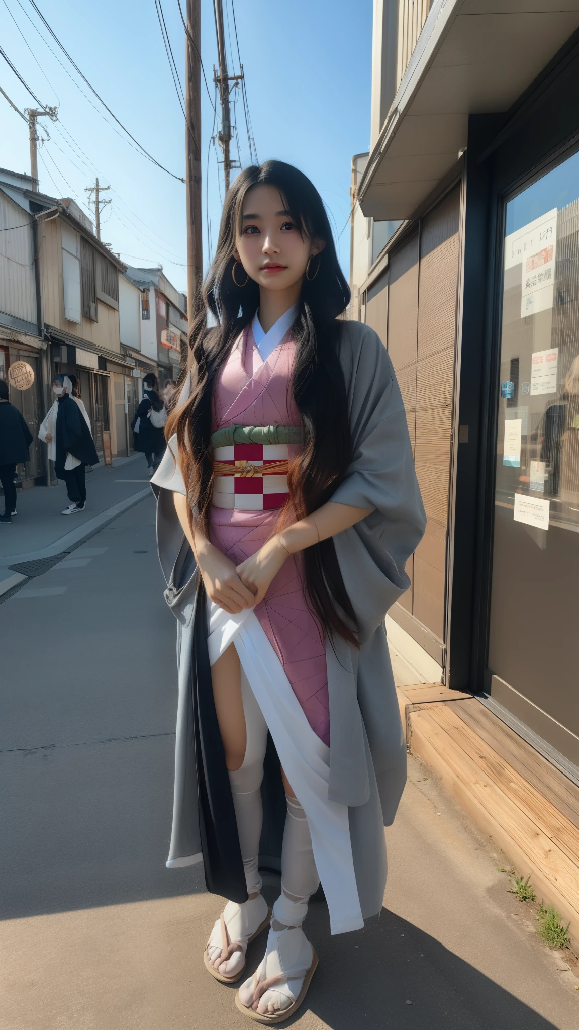 Cute Japanese woman, (16 years old), (Very cute face: 1.3), White and moisturized skin,
BREAK,
Fighter, Kung Fu fighter, Idol,
BREAK,
(Wearing cute kimono: 1.3), (Very revealing kimono), Very large earrings, Short length,
BREAK,
(Long hair), (Gray hair), (Wavy hair), (Gradient hair: 1.3), (Red hair at the ends),
BREAK,
(Realistic: 1.3), Masterpiece, Perfect lighting, (Ultra high resolution), (8K), (Very detailed: 1.4), (From the front), Looking at the camera, Melancholic expression, (Full body: 1.3),
BREAK,
(Japanese city streets: 1.2), 
BREAK,
(Demon Slayer: 1.4),
BREAK,
(Hellfire: 1.2), Demon,