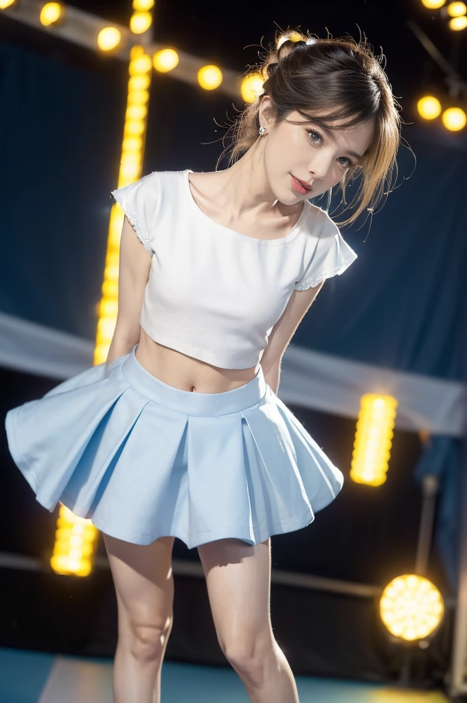 (((best quality))),(((ultra detailed))),(((masterpiece))),illustration,((a beautiful girl,solo)),((slim,thin)),((small breasts,flat chest,claviclis,navel)),(blue short-sleeved white shirt:1.5),(blue mini-skirt:1.3),(slender legs:1.2),(sneakers:1.3),(standing:1.3),(on the stage:1.3),((outside a shopping mall, at the entrance of a beer promotional event)),((surrounded by crowded crowds)),((her hair and the edges of her skirt fluttering in the air)),hair flows freely in the wind,fluttering skirt,expressive eyes,infectious smile,the stage adorned with colorful decorations,vibrant atmosphere,(night scene:1.3),(from front:1.3),(arms behind back:1.3),(full body:1.3),