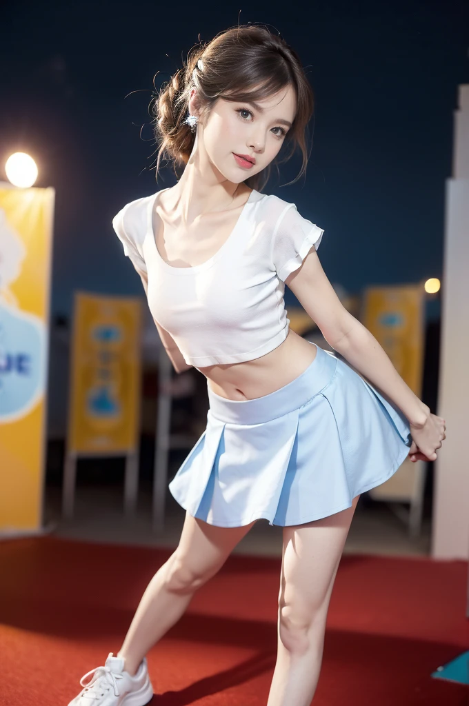 (((best quality))),(((ultra detailed))),(((masterpiece))),illustration,((a beautiful girl,solo)),((slim,thin)),((small breasts,flat chest,claviclis,navel)),(blue short-sleeved white shirt:1.5),(blue mini-skirt:1.3),(slender legs:1.2),(sneakers:1.3),(standing:1.3),(on the stage:1.3),((outside a shopping mall, at the entrance of a beer promotional event)),((surrounded by crowded crowds)),((hair and skirt fluttering in the air)),expressive eyes,infectious smile,the stage adorned with colorful decorations,vibrant atmosphere,(night scene:1.3),(from front:1.3),(arms behind back:1.3),(full body:1.3),