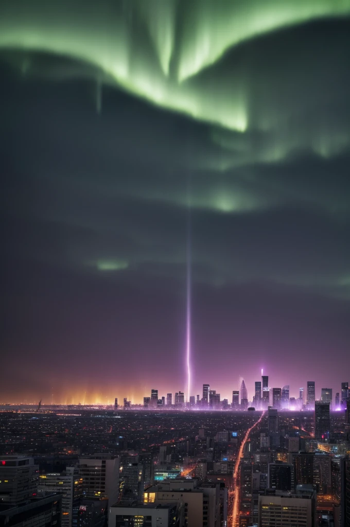 A modern city skyline in disarray, with electromagnetic storms causing sparks and fires. Buildings flicker with power surges, and the sky is filled with eerie green and purple auroras. Streets are empty, with abandoned vehicles and flickering streetlights.