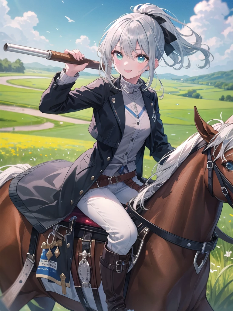 (8k, best quality, master piece: 1.2),super high resolution,1 girl, solo, ((colorshift eyes, hyperdetailed, expressive eyes)), ultra-detailed face, random hair, silver gray color, Ecstatic expression,She is enjoying horseback riding on a spacious ranch. The background is a green field and blue sky. She has her silver hair tied up in a ponytail, and is wearing a riding jacket, and boots. She is smiling happily on the horse's back.