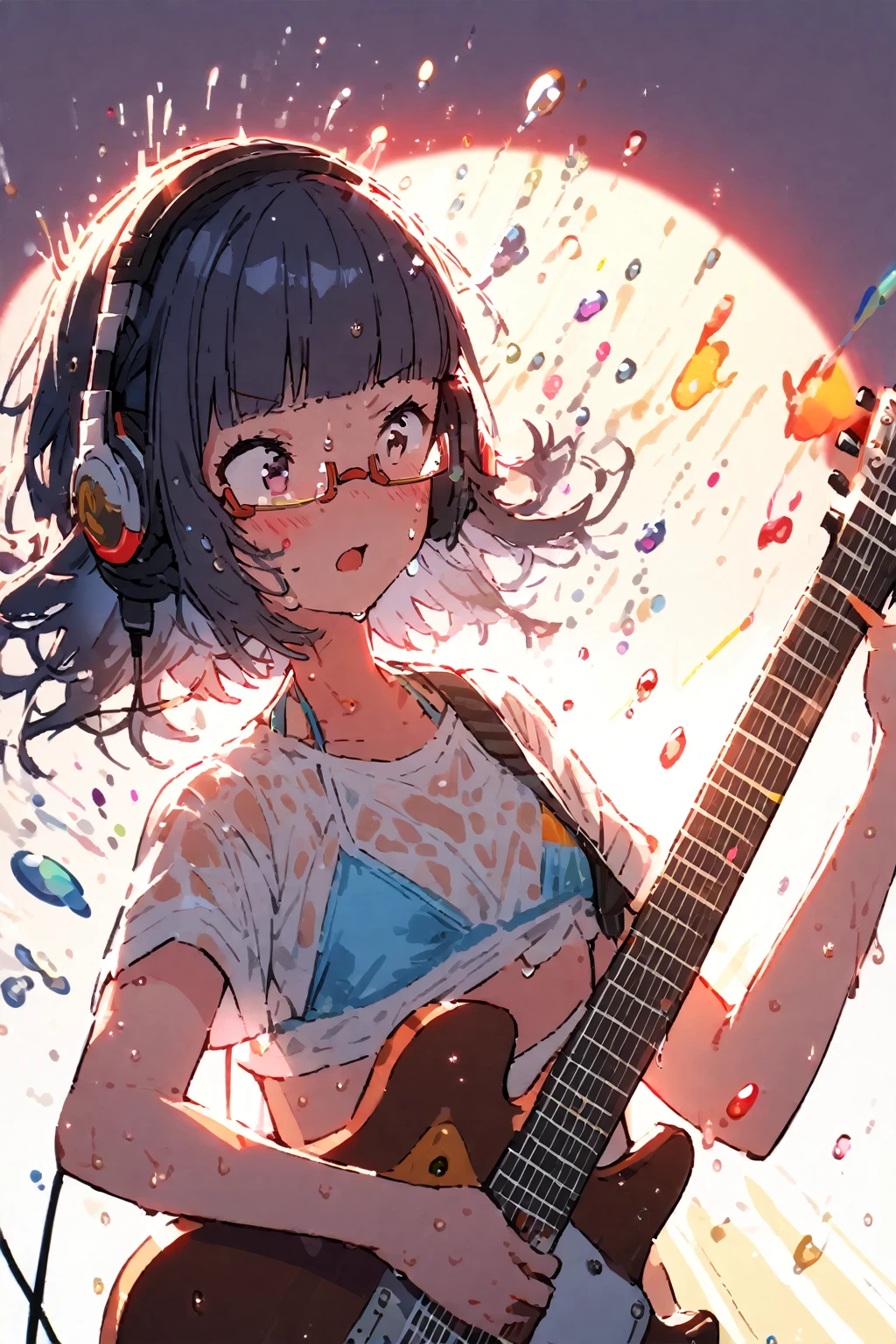 (extremely detailed fine touch:1.3), (((semi-rimless eyewear:1.3))), (headphone:1.2), short hair, blunt bangs, 1 girl, playing guitar, sing a song, fluttering hair, sweaty, splash, bikini, spotlight, simple background,