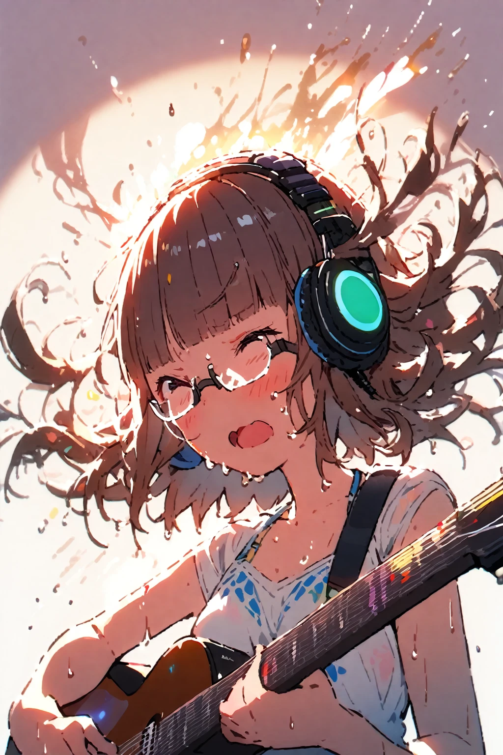 (extremely detailed fine touch:1.3), (((semi-rimless eyewear:1.3))), (headphone:1.2), short hair, blunt bangs, 1 girl, playing guitar, sing a song, fluttering hair, sweaty, splash, bikini, spotlight, simple background,