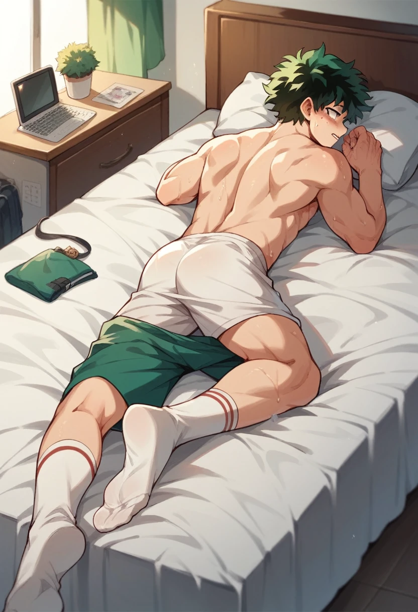 Anime boy Izuku very wet sweaty white socks laying down on his stomach on the bed showing his feet soles close to the camera