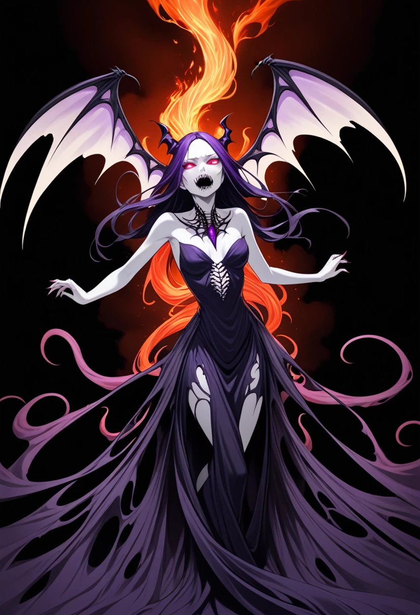 1woman, solo, grotesque transformation into a succubus, starting in a simple, modest dress, front view. As she transforms: her hair becomes a chaotic mass of writhing, fiery red tendrils, her eyes hollow out with a flickering, menacing violet glow, and her skin turns an unnaturally pale, ghostly white with dark, pulsating veins. The dress disintegrates, revealing a tattered, flowing robe that seems to absorb light. Bat-like wings grotesquely sprout from her back, twisted and malformed. Her final form is an emaciated, skeletal figure with a wide, gaping maw filled with jagged, shifting teeth. Her presence emits an overwhelming aura of terror, distorting the space around her into a nightmarish, suffocating atmosphere. Simple background.
