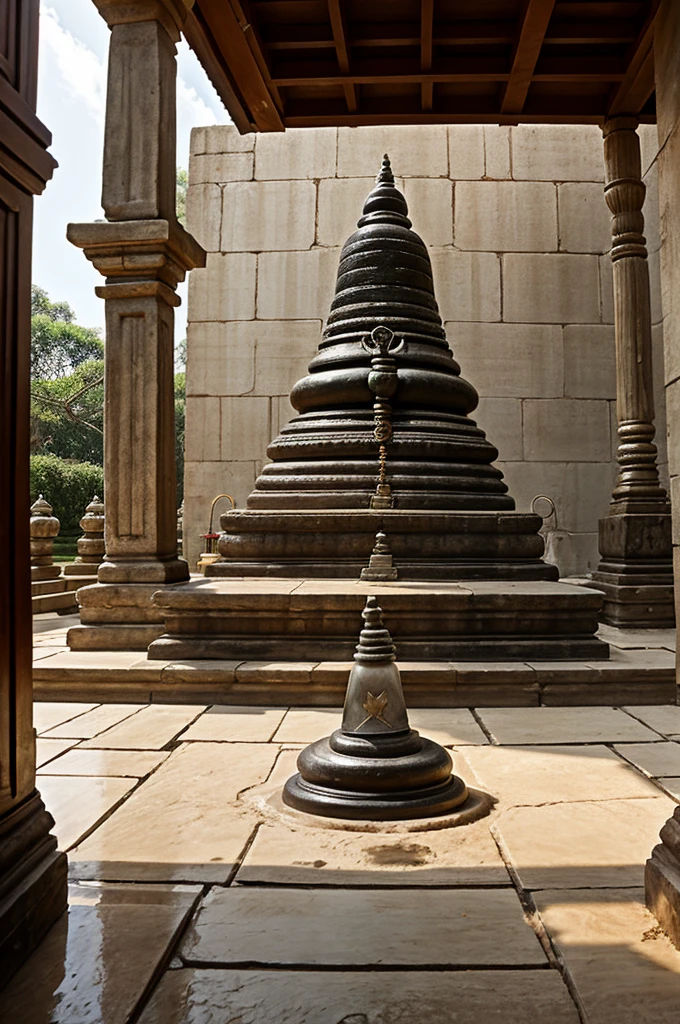 Clear view of temple with The shiv lingam and a men clean the ground with the mop , show the bucket near the men
