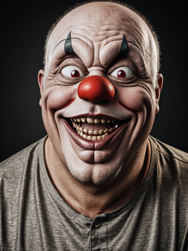 A thin, ugly man clown with big cheeks and big teeth