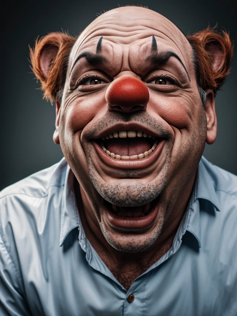A thin, ugly man clown with big cheeks and big teeth