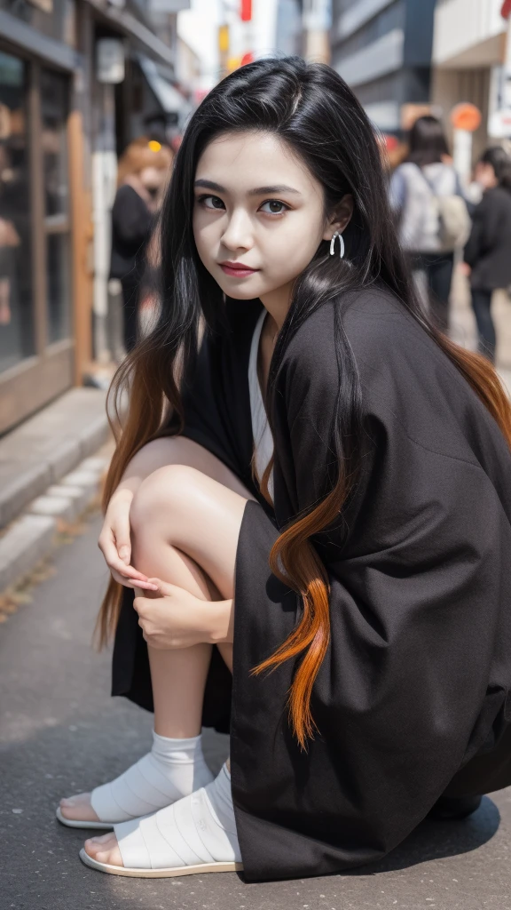 Cute Japanese female, (), (Very cute face: 1.3), White and moisturized skin,
BREAK,
Fighter, Kung Fu fighter, Idol,
BREAK,
(Wearing cute kimono: 1.3), (Very revealing kimono), Very large earrings, Short length,
BREAK,
(Long hair), (Gray hair), (Wavy hair), (Gradient hair: 1.3), (Red hair at the ends),
BREAK,
(Realistic: 1.3), Masterpiece, Perfect lighting, (Ultra high resolution), (8K), (Very detailed: 1.4), (From the front), Looking at the camera, Melancholic expression, (Full body: 1.3),
BREAK,
(Japanese city streets: 1.2),
BREAK,
(Demon Slayer: 1.4),
BREAK,
(Hellfire: 1.2), Demon,