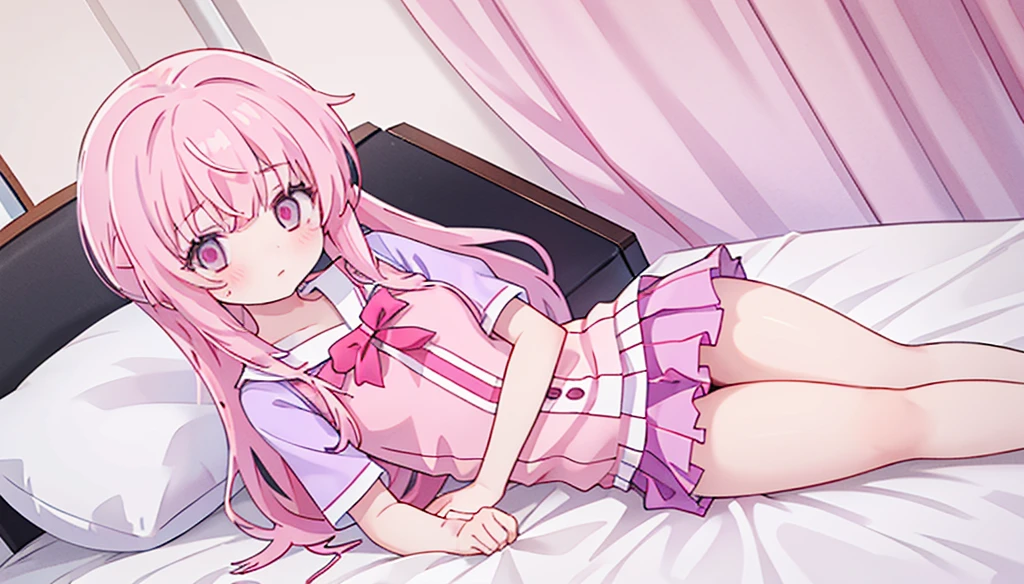 1girl,pink hair, pink eyes with love, detailed eyes, straight hair, straight bangs, shiny hair,
,red bowtie,purple skirt,purple lavender violet shirt, pleated skirt,short sleeves,looking at viewer, high-definition,masterpiece,best quality, masterpiece, best quality, high resolution, aabeta, double, white bedroom background, sitting on a pink bed, slim waist, cute, sailor uniform (PastelColors: 1.3)
