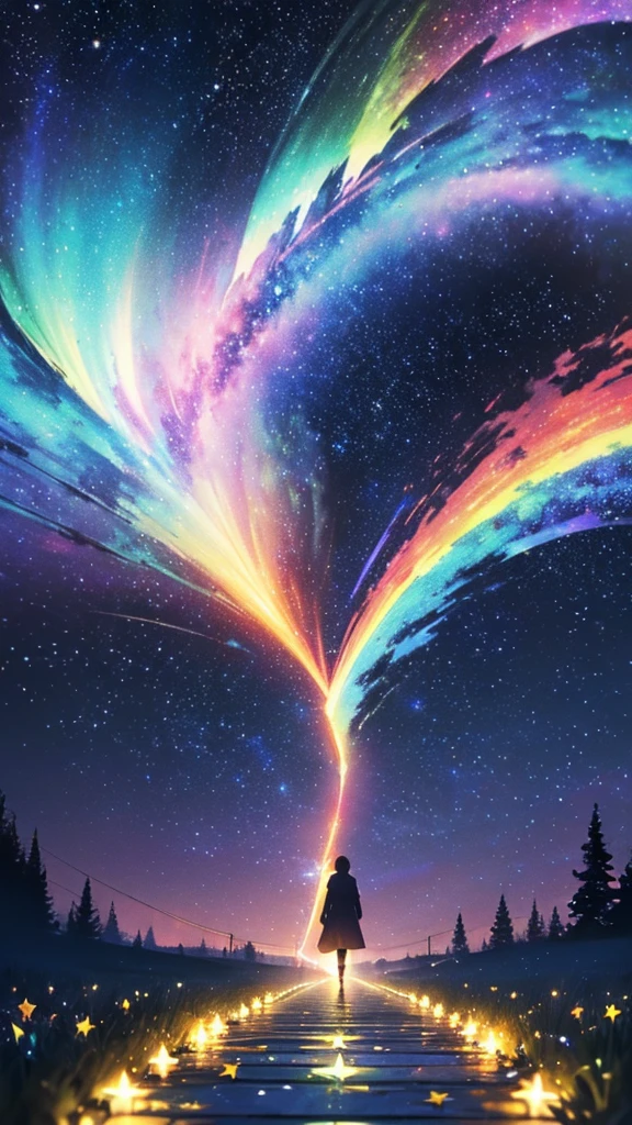 ((masterpiece))、((Highest quality))、((Realistic feel))、((landscape))、((A starry, jewel-transparent path leading to the starry sky:1.6))、Tilt Up、Pitch Black、heart、The heart is transparent、Moonlight shines、Immersion、The sky is high、The sky is wide、Stars fall like snow、Different dimension space、Fractal Art、Aurora Color Spectrum、Scheimpflug、colorful ,Glow Color,lights、Dim and dim、High Contrast、Super beautiful graphics