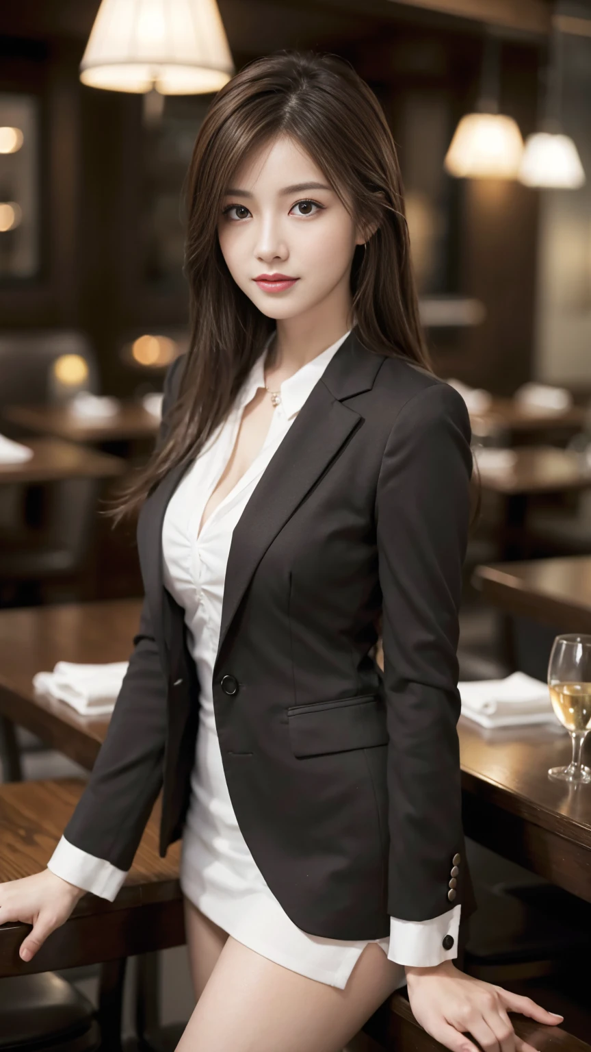 masterpiece, Highest quality, Realistic, Very detailed, Finer details, High resolution, 8k wallpaper, One beautiful woman, Wear casual business attire, In a great restaurant, At night, Light brown messy hair, Perfect dynamic composition, Beautiful and beautiful eyes
