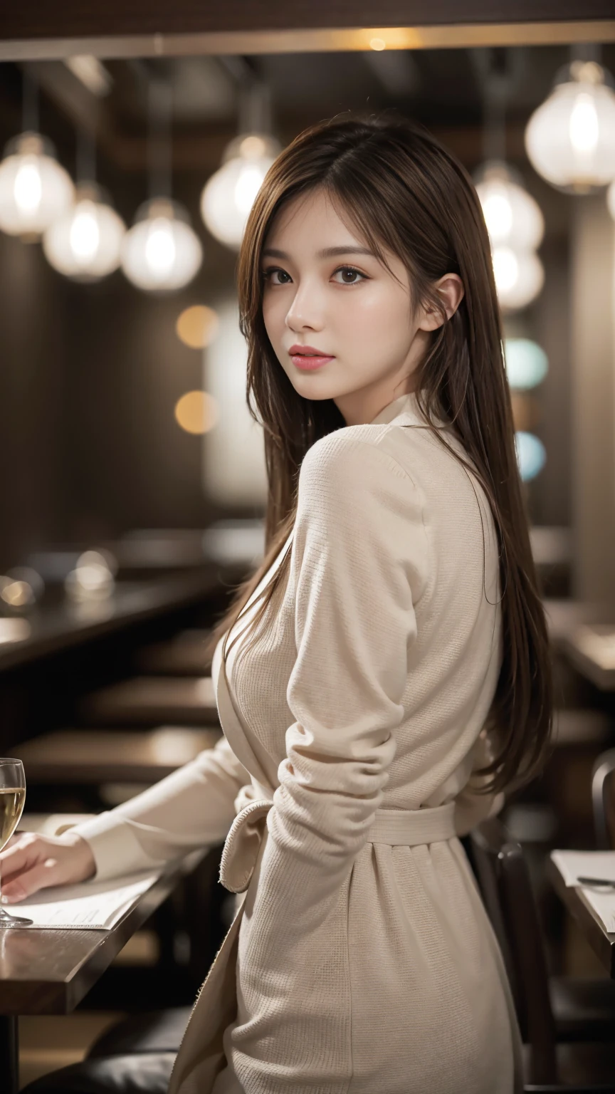 masterpiece, Highest quality, Realistic, Very detailed, Finer details, High resolution, 8k wallpaper, One beautiful woman, Wear casual business attire, In a great restaurant, At night, Light brown messy hair, Perfect dynamic composition, Beautiful and beautiful eyes