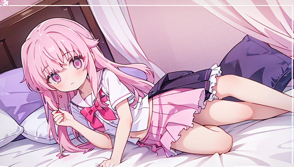 1girl,pink hair, pink eyes with love, detailed eyes, straight hair, straight bangs, shiny hair,
,red bowtie,purple skirt,purple lavender violet shirt, pleated skirt,short sleeves,looking at viewer, high-definition,masterpiece,best quality, masterpiece, best quality, high resolution, aabeta, double, white bedroom background, sitting on a pink bed, slim waist, cute, sailor uniform (PastelColors: 1.3) 
