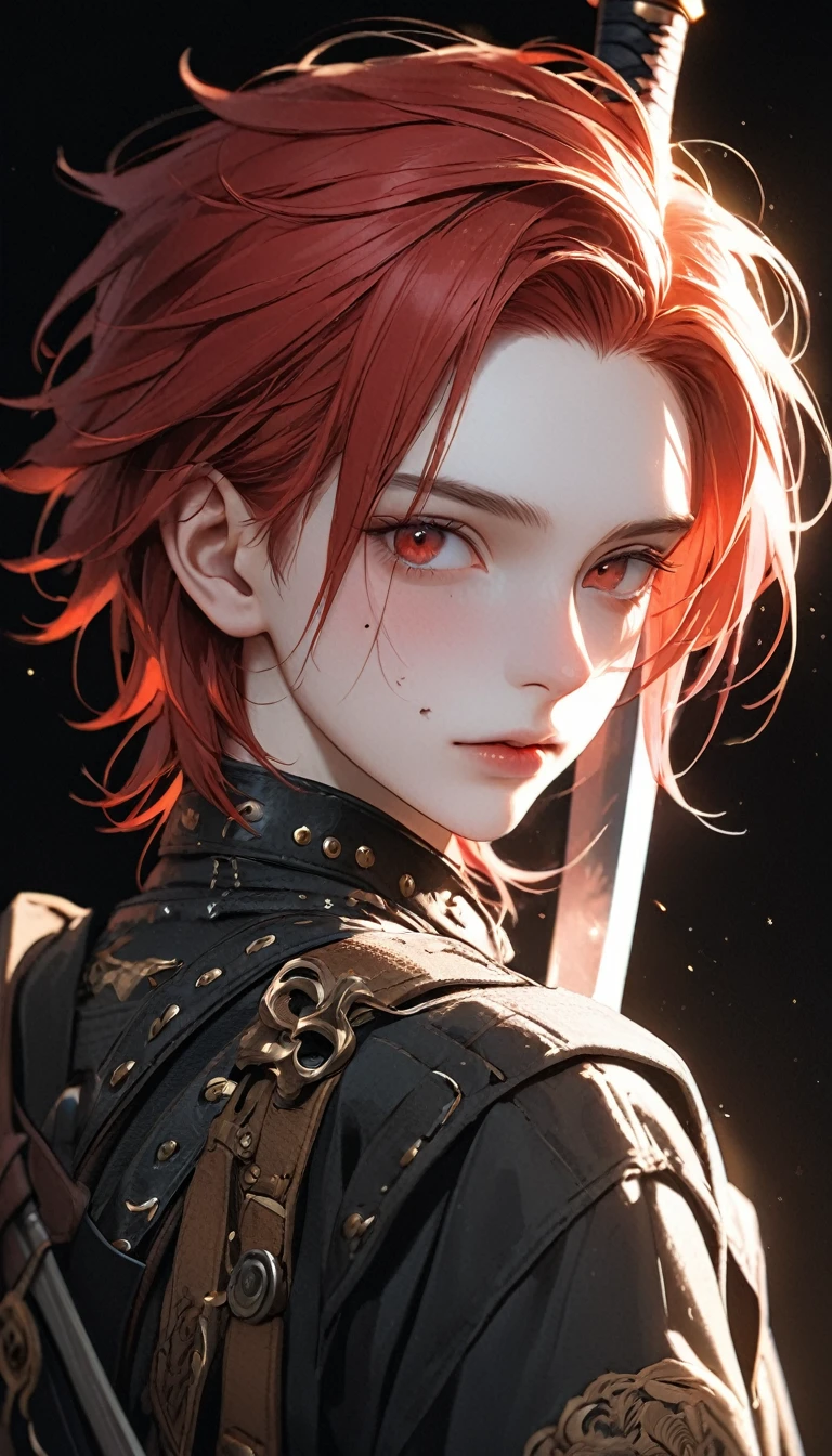 best quality, masterpiece, solo, 1girl, red hair, shirt,  red eyes, black beckground, full facesMeticulous, analog style, focus on the eyes, highest quality, (highly detailed skin), photo of very handsome pale skin Dutch punk boy, 21 years old, (warrior sword), perfect face, pore skin, (penetration:0.5), black background, (bokeh:0.6), sharp focus, grainy lighting, (backlight:0.7), film grain, photographed with Sony A7R IV camera, 18mm F/1.7 cine lens, (highly detailed, intricate detail), 8k, HDR, front view, (full body: 0.9)