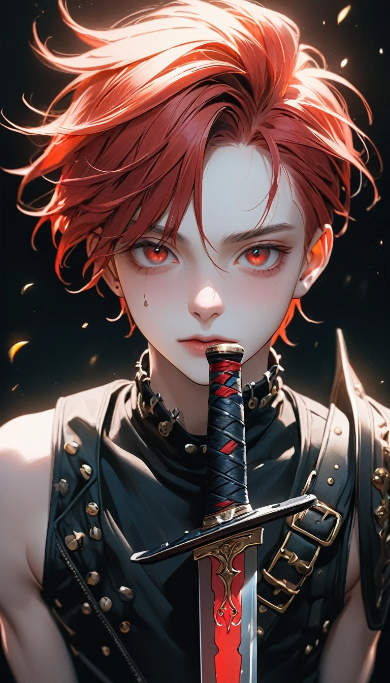 best quality, masterpiece, solo, 1girl, red hair, shirt, red eyes, black beckground, full facesMeticulous, analog style, focus on the eyes, highest quality, (highly detailed skin), photo of very handsome pale skin Dutch punk boy, 21 years old, (warrior sword), perfect face, pore skin, (penetration:0.5), black background, (bokeh:0.6), sharp focus, grainy lighting, (backlight:0.7), film grain, photographed with Sony A7R IV camera, 18mm F/1.7 cine lens, (highly detailed, intricate detail), 8k, HDR, front view, (full body: 0.9)