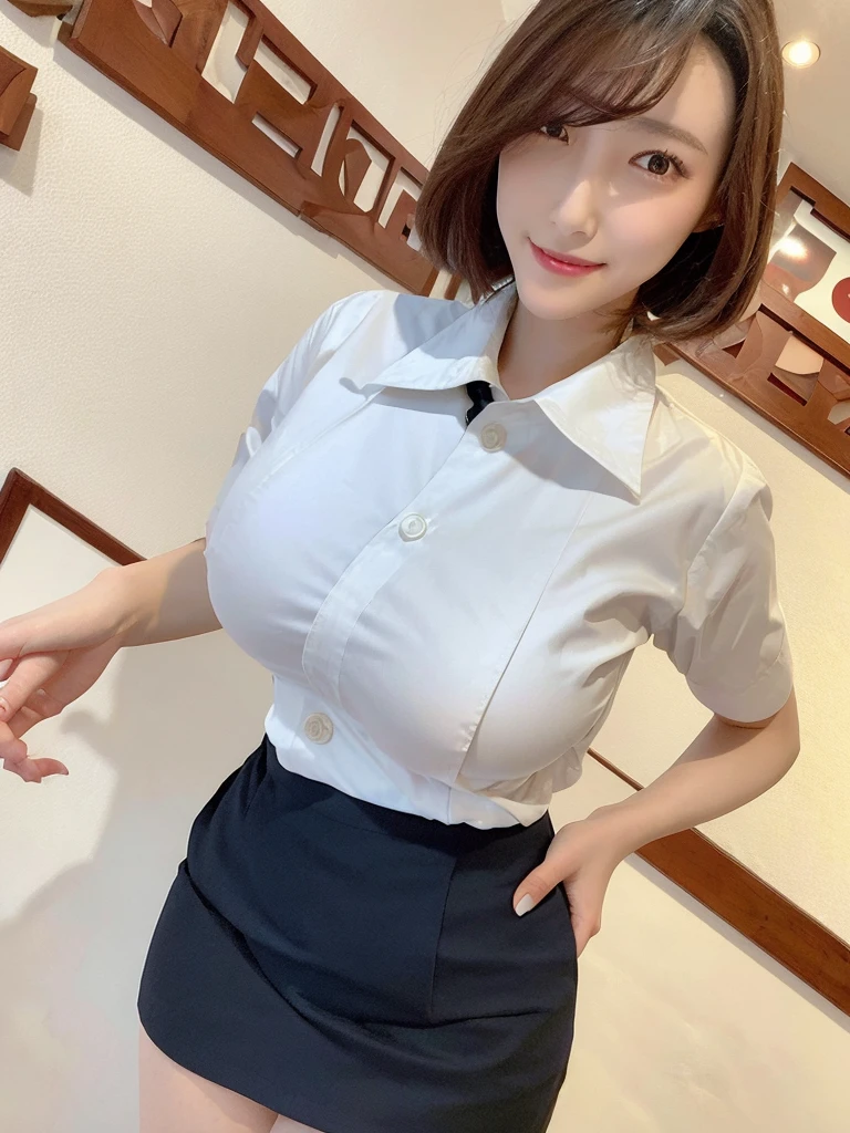 Highest quality、masterpiece、8k、Very detailed、Realistic、(One person:1.2)、Looking at me with a smile、whole body、Black Hair、Short Hair、Small face、Slender、(Very large breasts:1.2)、Thin and beautiful legs、narrow and constricted waist,、(Family Restaurant Uniforms:1.2)、A tight-fitting white shirt with buttons and a collar、A short, black, high-waisted skirt、(Nobody background)