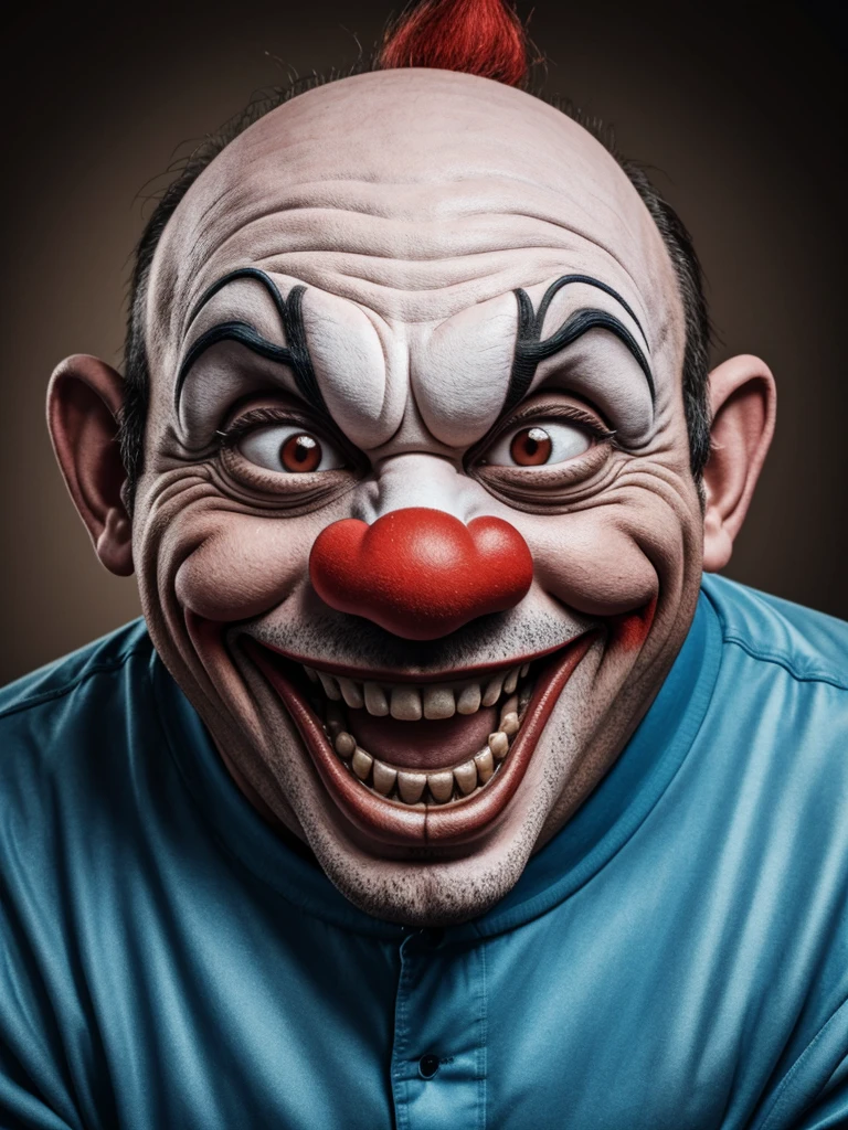 A thin, ugly man clown with big cheeks and big teeth