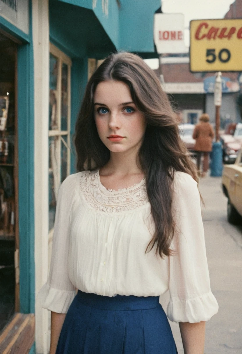 analog analog, grain, (Hyperdetailed Photography:1.2), (flash photography:1.3), Realistic, Imperfect, an incredibly cute (young:1.3) English girl called Brittany2, angelic face, (big eyes:1.1), (freckles in face:0.8), long dark-black feathered hair, blue detailed eyes, skinny, (large natural breasts:1.15), (linnen skirts), (simple white blouse), standing by a vintage store, Storefronts filled with antiques and curiosities and The Art Deco signs, 1970s