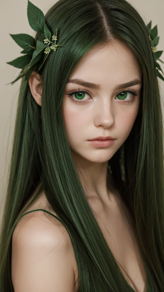 a girl.  face sent feeling.  Europe.  Oval face.  long face.  delicate facial features.  sleepy eyes.  seductively seductive.  green eyes.  long straight hair.  green hair.  lethargic and sleepy expression.  Sexy silk nightgown