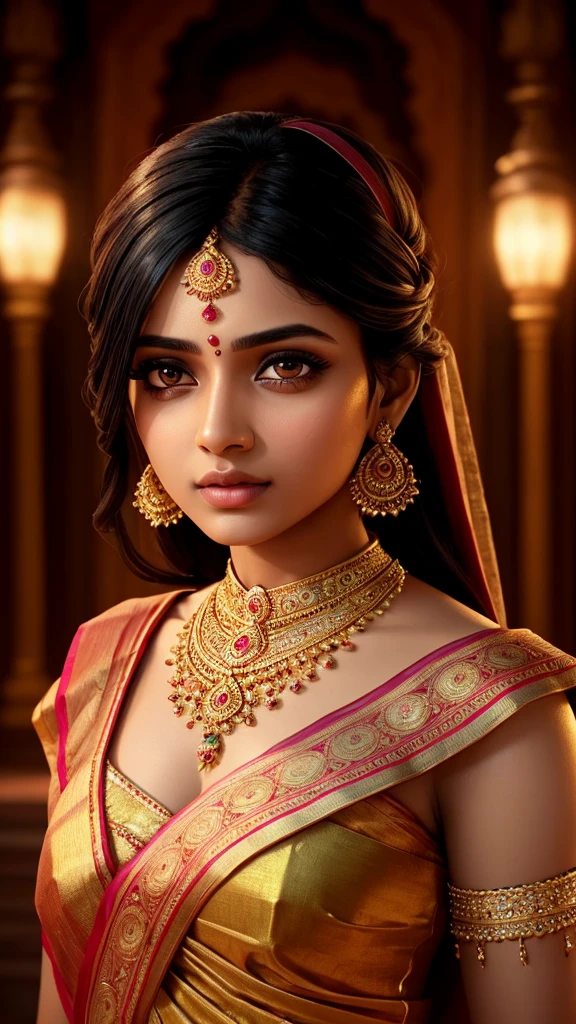 a beautiful indian girl, beautiful detailed eyes, beautiful detailed lips, extremely detailed eyes and face, long eyelashes, intricate jewelry, sari, warm lighting, photorealistic, 8k, high quality, masterpiece, cinematic composition, dramatic lighting, vivid colors, detailed background, lush foliage, ornate architecture