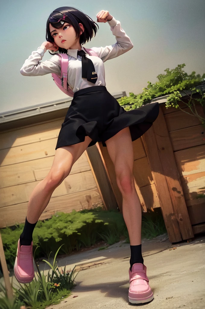 (masterpiece, Highest quality:1.2), Cowboy Shot, alone, One girl, Misako \(Ticker\), Expressionless, Mouth closed, View your viewers, Arms crossed, White shirt, Tucked in shirt, Long sleeve, tie, Black shorts, Green knee socks, pink backpack