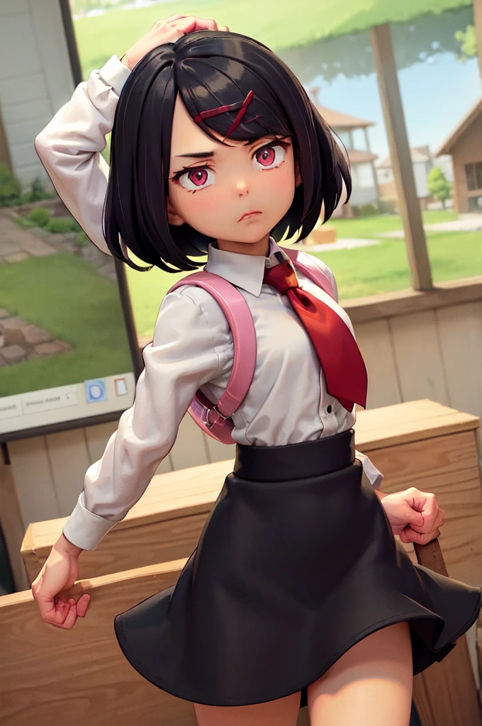 (masterpiece, Highest quality:1.2), Cowboy Shot, alone, One girl, Misako \(Ticker\), Expressionless, Mouth closed, View your viewers, Arms crossed, White shirt, Tucked in shirt, Long sleeve, tie, Black shorts, Green knee socks, pink backpack