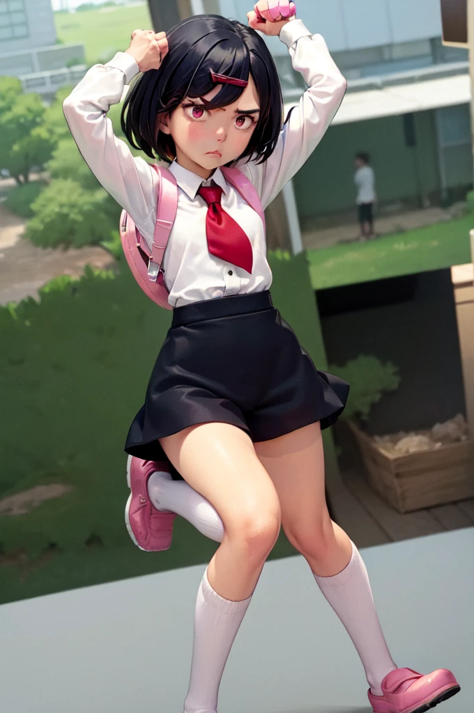 (masterpiece, Highest quality:1.2), Cowboy Shot, alone, One girl, Misako \(Ticker\), Expressionless, Mouth closed, View your viewers, Arms crossed, White shirt, Tucked in shirt, Long sleeve, tie, Black shorts, Green knee socks, pink backpack