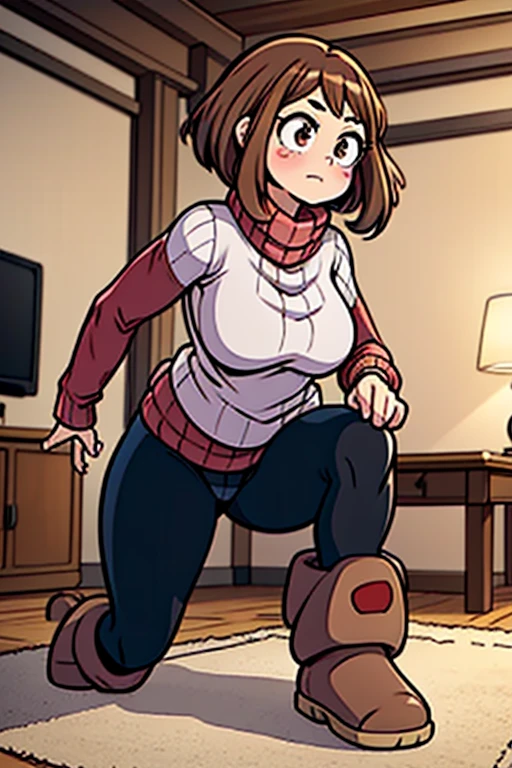 (extremely detailed CG unity 4k wallpaper),(masterpiece),(best quality),(ultra-detailed),(best illustration),(best shadow),(absurdres),(detailed background), 1girl, solo, Imagine Ochaco Uraraka being a 45 year old mother, MILF, brown hair, brown eyes, blush stickers, short hair, Mature Face, brown hair, brown eyes, blush stickers, short hair, curvy female, thick thighs, voluptuous female,((Wearing: red turtle-neck sweater, black leggings and ugg boots)), indoors, detailed background, living room, wide shot,
