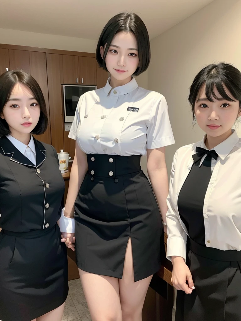 Highest quality、masterpiece、8k、Very detailed、Realistic、(One person:1.2)、Looking at me with a smile、whole body、Black Hair、Short Hair、Small face、Slender、(Very large breasts:1.2)、Thin and beautiful legs、narrow and constricted waist,、(Family Restaurant Uniforms:1.2)、A tight-fitting white shirt with buttons and a collar、A short, black, high-waisted skirt、(Nobody background)
