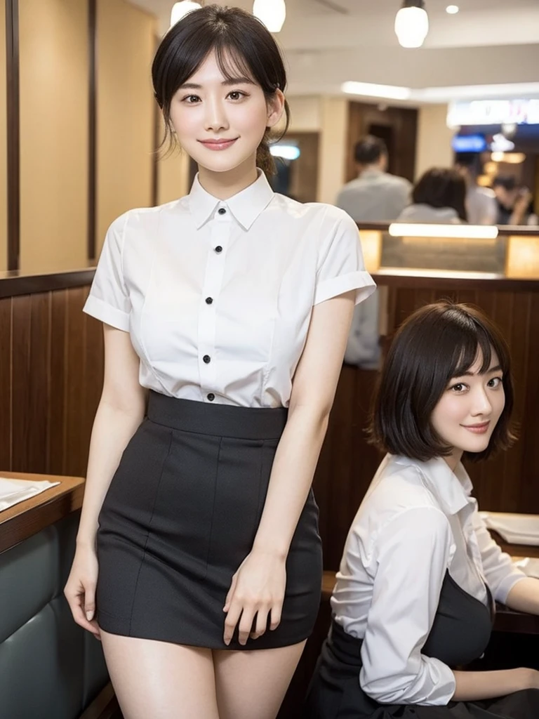 Highest quality、masterpiece、8k、Very detailed、Realistic、(One person:1.2)、Looking at me with a smile、whole body、Black Hair、Short Hair、Small face、Slender、(Very large breasts:1.2)、Thin and beautiful legs、narrow and constricted waist,、(Family Restaurant Uniforms:1.2)、A tight-fitting white shirt with buttons and a collar、A short, black, high-waisted skirt、(Nobody background)