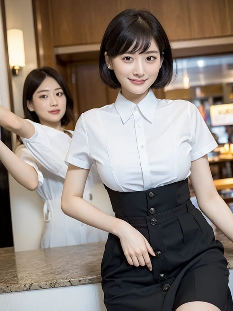 Highest quality、masterpiece、8k、Very detailed、Realistic、(One person:1.2)、Looking at me with a smile、whole body、Black Hair、Short Hair、Small face、Slender、(Very large breasts:1.2)、Thin and beautiful legs、narrow and constricted waist,、(Family Restaurant Uniforms:1.2)、A tight-fitting white shirt with buttons and a collar、A short, black, high-waisted skirt、(Nobody background)