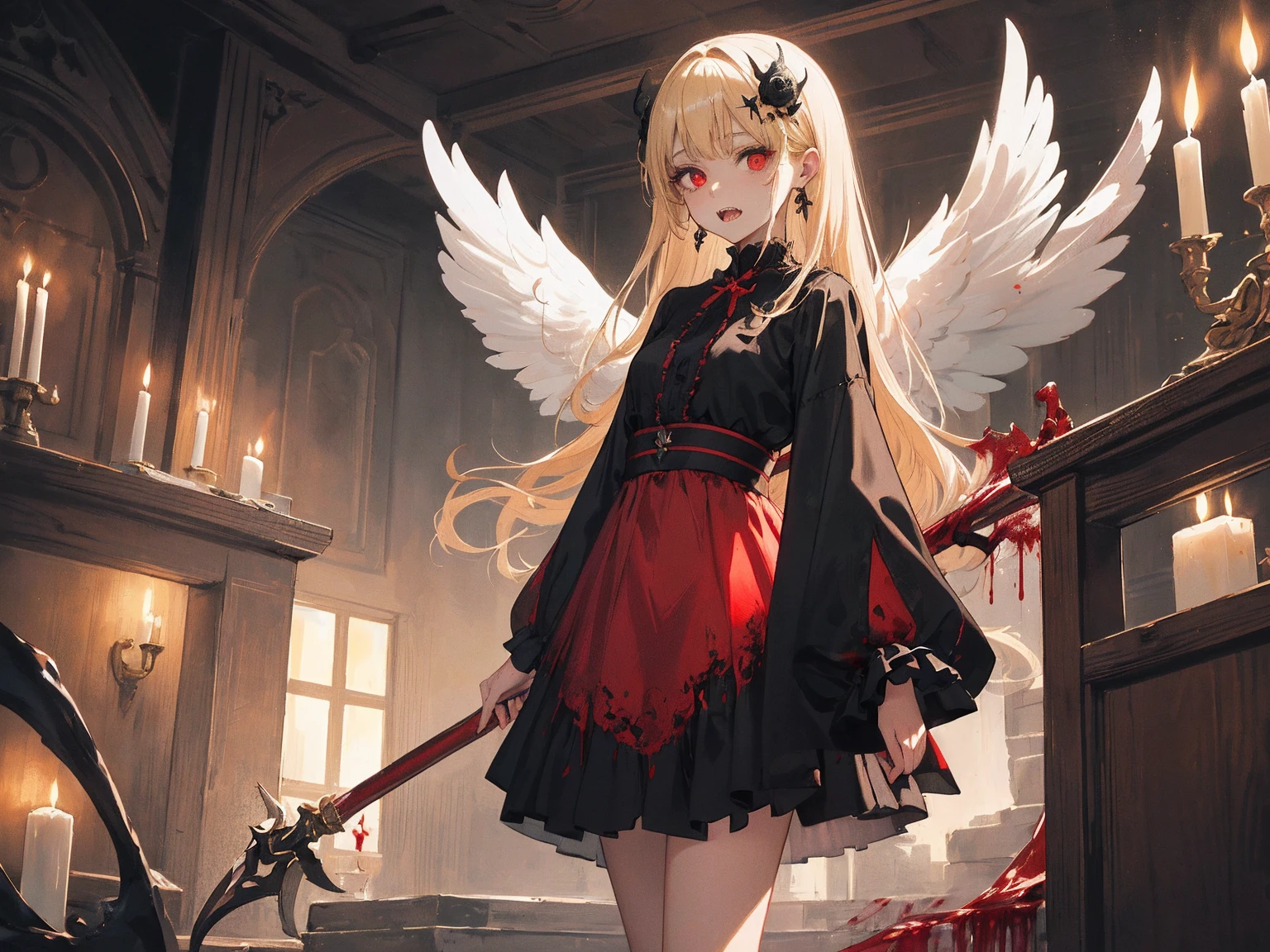 masterpiece, Highest quality, High resolution,(Highest quality,4K,High resolution,masterpiece:1.2),Very detailed,Realistic:1.37,masterpiece, Highest quality, Exquisitely crafted, woman, beautiful, elegant, smile, Blood, iridescent Long Hair, bangs, skirt, shirt, Long sleeve, Frills, shoes, (Red and Black:1.4), flower, spooky, Horror, head蓋Bones, Long Hair, Black Hair, Candles, Blood, hair flower, Dead, hair ornaments, Bone, 人形Horror (theme),spooky altar background,Dark fantasy,Red color scheme,Ominous atmosphere,eyeを引く,Storytelling,Anime Style,Concept Art,beautiful細部までこだわった顔と (((赤いeye ))),A terrifying ritual ,Satanic Ritual,Humanoid,クレイジーなsmile,Scythe Face,Girl Monster, beautiful, Delicate facial features, 鋭いeye, Sharp Fangs, 青White skin, blonde,robot,Cursed Painting, Dark Background, Cinema Lighting, Dramatic Shadows, Gothic style, Gloomy atmosphere, Dark fantasy, One Girl, , Please open your mouth wide, Open your mouth and baring your teeth,Sharp teeth like a beast, Wide lips, very wide mouth, Vermilion cheeks, ,(Bloodしぶき:1.4),Scary smile, smile,Fallen angel design, ねじれたsmile、Bloodまみれの、headからの出Blood,、Bloodしぶき、,(Bloodしぶき:1.4),Crossbones, head蓋Bone,Horror 一人の男の子, Cream colored hair, Blonde, Pearly hair, nice boy, Pure white angel wings, Loose-fitting clothing, Larger clothes, dark red eye, eyeの下のたるみ, dark circles under eye, やみcute, Fluffy hair, Voluminous Hair, skinny, slim, very skinny, Androgynous, cute, spooky, short hair, Horror, Faded colors, White skin, spooky, Unnaturally thin, I&#39;I am hungry, eye, eye in background, sharp eye, Long eyelashes, Under the eyelashes, Loose shorts, レースshirt, Frillsshirt, Tie the ribbon&#39;head, Detailed clothing, A loose cardigan, Open cardigan, 滴るBlood, that&#39;terrible, nightmare, Haunted, stitch, patchwork, string, Injury, hell, Injury on arms, self-harm, cut, Black Fingers, factory, Abandoned, A dismembered ghost,Many heads,Many heads,Lots of faces,Multiple faces,Multiple Girls,Frolicking Girl,複数のwoman,tea ,クレイジーなsmile,look up,Face shot,Scythe Face,Girl Monster, ,beautiful, Detailed portrait, Delicate facial features, 鋭いeye, Sharp Fangs, 青White skin, Thick chain, Dark Background, Cinema Lighting, Dramatic Shadows, Gothic style, Gloomy atmosphere, Dark fantasy, One Girl, , Please open your mouth wide, Open your mouth and baring your teeth,Sharp teeth like a beast, Wide lips, very wide mouth, Vermilion cheeks, ,(Bloodしぶき:1.6),Scary face, Laughter　Witch design, ねじれたsmile、Bloodまみれの、headからの出Blood,,、Bloodしぶき、,(Bloodしぶき:1.6),Crossbones, head蓋Bone,　, Horrorスタイル, ((Fantasy Witch Costume)), ((Flowing white hair)), ,(Bloodしぶき:1.6),womanの曲線, Large Breasts, Thick thighs, Sexy flat stomach, Perfect hands, Perfect anime face, ((dark lolita dress)), Are standing, ((邪悪なsmile)), ,(Bloodしぶき:1.6),Victorian cities, gaslight, Steam circulates, Moonlight Illumination, night lighting, A sky filled with stars and galaxies,disaster々new devil horns,,(Bloodしぶき:1.6),アニメゾンビWitch design, ねじれたsmile、Bloodまみれの、headからの出Blood,,、Bloodしぶき、,(Bloodしぶき:1.6),Crossbones, head蓋Bone,,Photo Background,Wide Shot,Scythe Face,Girl Monster, ,beautiful, Detailed portrait, Delicate facial features, 鋭いeye, Sharp Fangs, 青White skin, Thick chain, Dark Background, Cinema Lighting, Dramatic Shadows, Gothic style, Gloomy atmosphere, Dark fantasy, One Girl, , Please open your mouth wide, Open your mouth and baring your teeth,Sharp teeth like a beast, Wide lips, very wide mouth, Vermilion cheeks, ,(Bloodしぶき:1.6),Scary face, Laughter　Witch design, ねじれたsmile、Bloodまみれの、headか