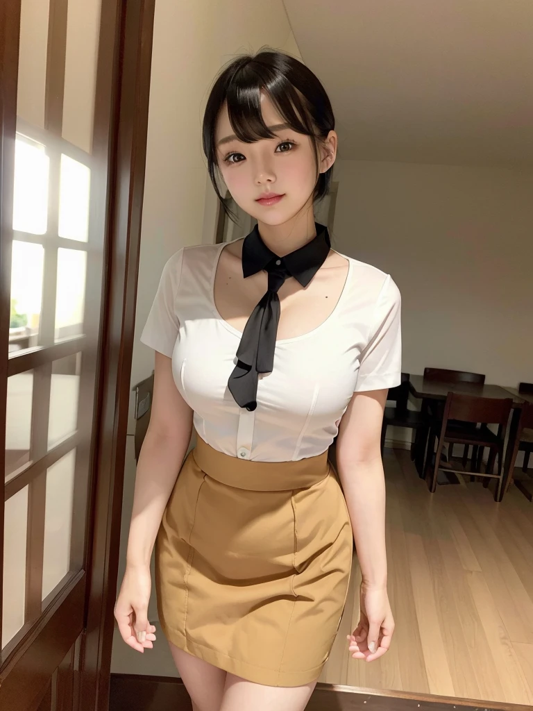 Highest quality、masterpiece、8k、Very detailed、Realistic、(One person:1.2)、Looking at me with a smile、whole body、Black Hair、Short Hair、Small face、Slender、(Very large breasts:1.2)、Thin and beautiful legs、narrow and constricted waist,、(Family Restaurant Uniforms:1.2)、A tight-fitting white shirt with buttons and a collar、A short, black, high-waisted skirt、(Nobody background)