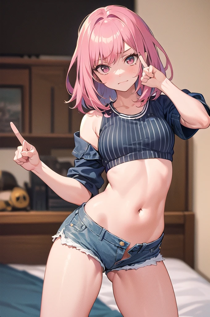 (masterpiece, Best Quality), 1 girl, pink hair, crop top, denim shorts, bedroom, striped thighs. A person is standing with a mocking facial expression. His right hand is raised and his index finger and thumb form an &#39;L&#39; which is placed on his forehead.. The rest of the fingers are bent towards the palm. big tits, loose, stretched top that does not cover the bottom of the . big tits, skin under the top, boob skin under the top, boob skin under the top. Loose and baggy top, barely covers the tits.