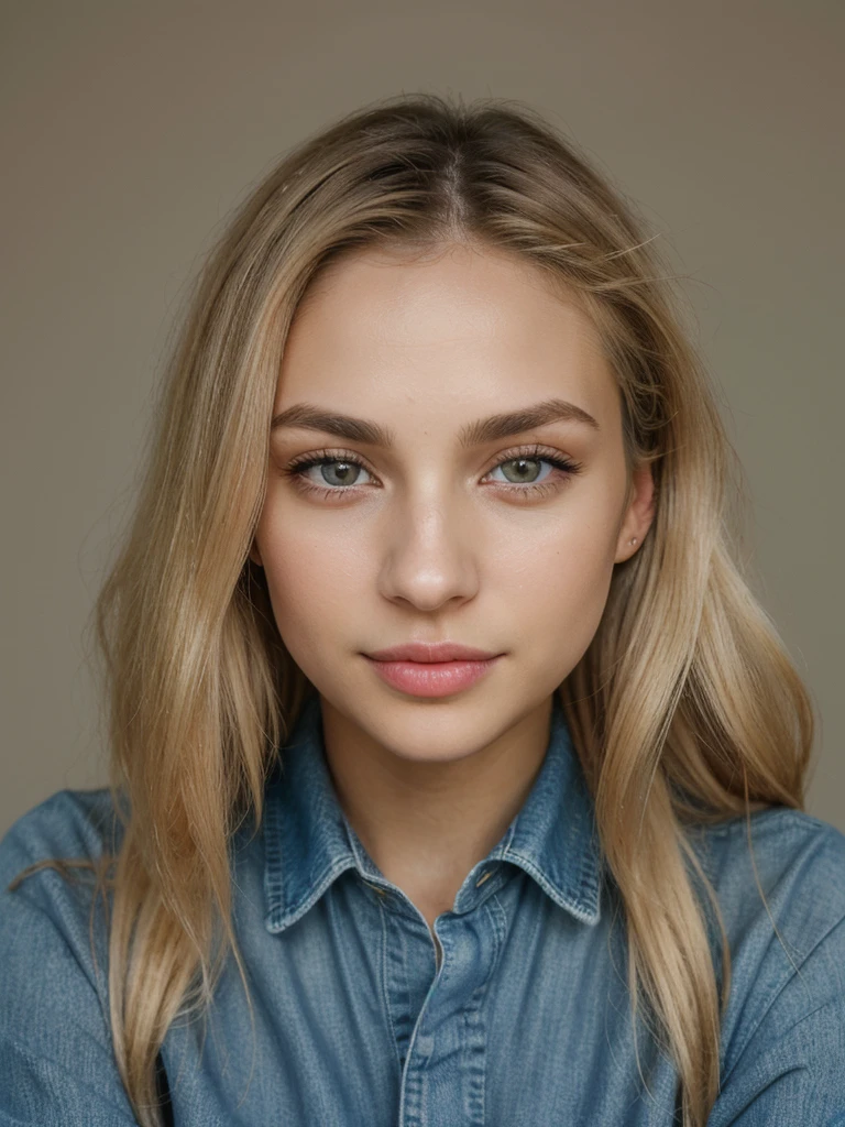 girl with waist-length blonde hair. Oval face. Small and proportional nose with a smooth straight profile with symmetry and naturalness. Large, expressive eyes with a vibrant green color with a penetrating look with long, defined eyelashes. Full and well-defined lips with marked cupid curves of moderate size and symmetrical. nose, eyes, lips and ears are balanced and complement the oval shape of the face, symmetrical with each other, healthy and well-groomed skin, as well as shiny and well-groomed hair. (Textured Skin), (((Life Real))). (((petite))), (((smal))). A panoramic photo full body wearing ripped blue jeans, red blouse and denim jacket