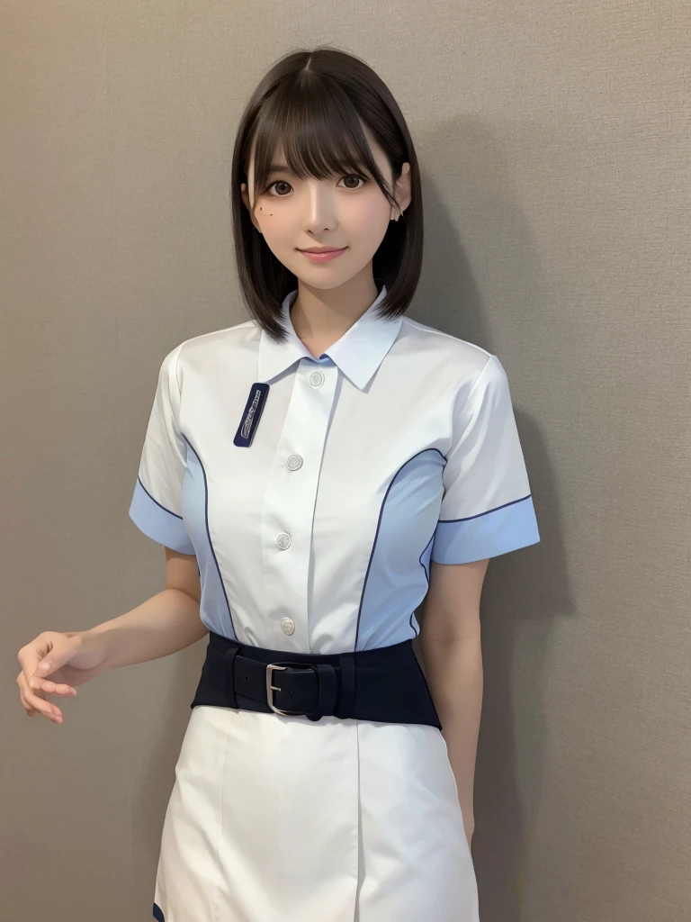 Highest quality、masterpiece、8k、Very detailed、Realistic、(One person:1.2)、Looking at me with a smile、whole body、Black Hair、Short Hair、Small face、Slender、(Very large breasts:1.2)、Thin and beautiful legs、narrow and constricted waist,、(Family Restaurant Uniforms:1.2)、A tight-fitting white shirt with buttons and a collar、A short, black, high-waisted skirt、(Nobody background)