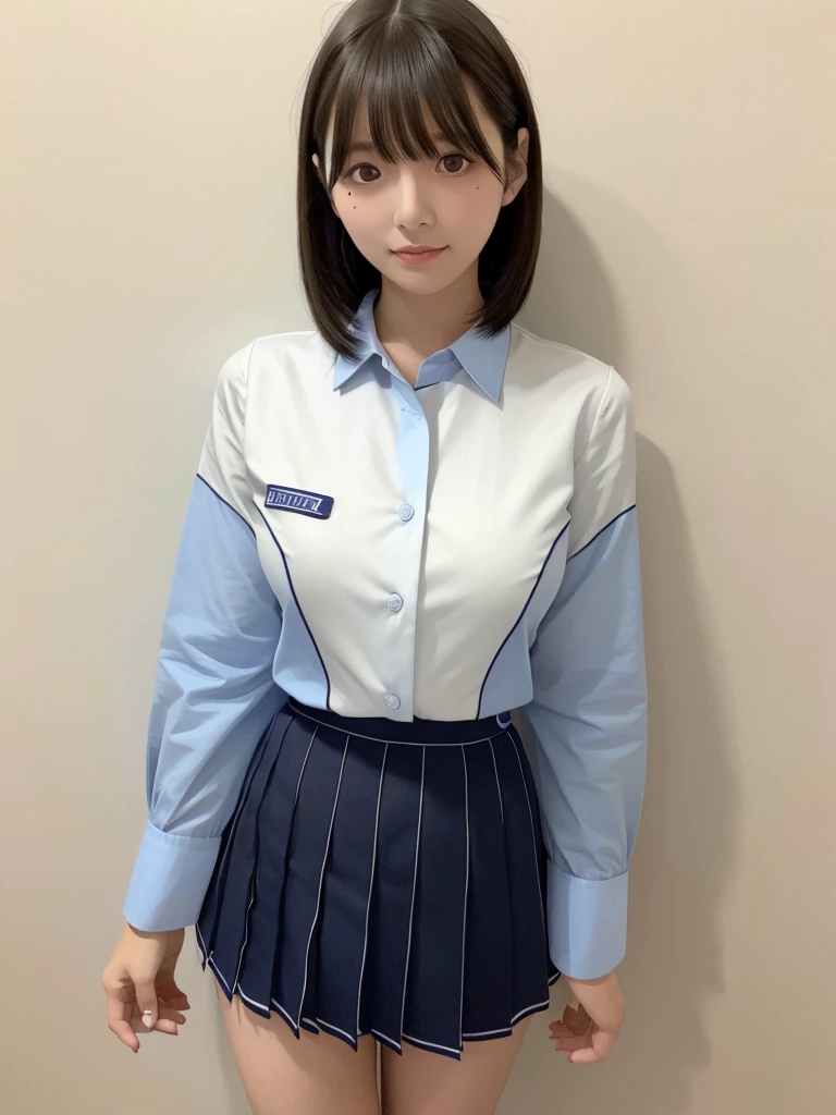 Highest quality、masterpiece、8k、Very detailed、Realistic、(One person:1.2)、Looking at me with a smile、whole body、Black Hair、Short Hair、Small face、Slender、(Very large breasts:1.2)、Thin and beautiful legs、narrow and constricted waist,、(Family Restaurant Uniforms:1.2)、A tight-fitting white shirt with buttons and a collar、A short, black, high-waisted skirt、(Nobody background)