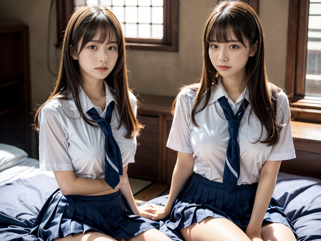 (RAW photo, 4k, masterpiece, high resolution, extremely complex) (realistic: 1.4), cinematic lighting
((2 girls, 2 schoolgirls)),Slam Dunk's,blushing,((innocent)),(Dark makeup),bright eyes,round eyes,blunt bangs,(straight hair:1.3),black hair,large breasts,wide hips,Summer Noon, 20 year old girl、cute type、ta,Hot, (Best Quality), (Highres), (an Extremely Delicate and Beautiful),(Beautiful 8k face),(Brown eyes),short bob hair,( spectators),(gigantic breasts),(Play with each other,Touching each other's bodies,Touching the body),(Japanese high school uniform:1.3),blue skirt,(reality),bright lighting,(The background is a luxury hotel room)