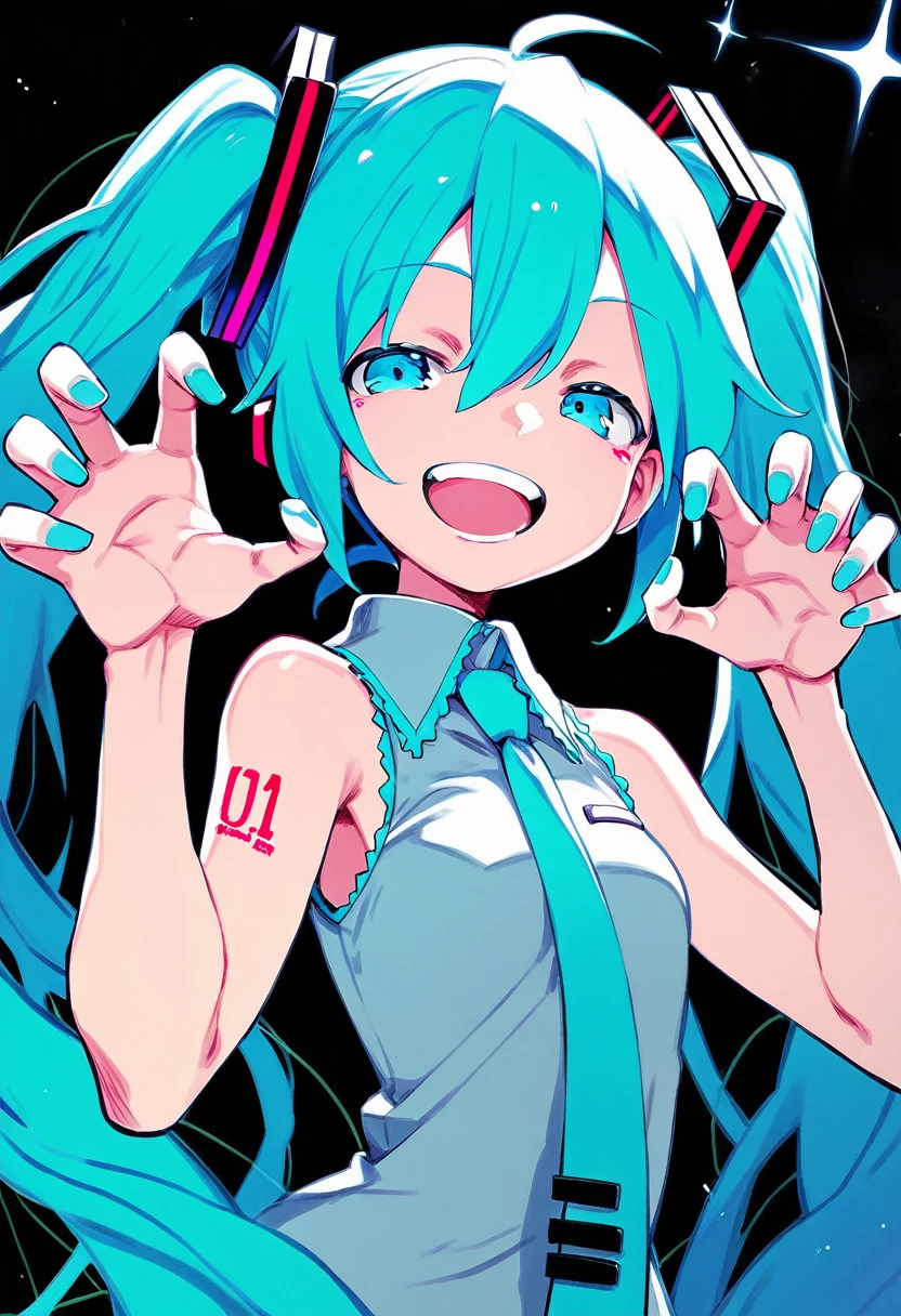 score_9, score_8_up, score_7_up, score_6_up, tatata_style BREAK
hatsune miku, 1girl, :d, claw pose, hair between eyes, hand up, looking at viewer, open mouth, raised eyebrows, sleeveless shirt, smile, solo, teeth, upper body, upper teeth only, very long hair, aqua nail polish, half-closed eyes , black background
