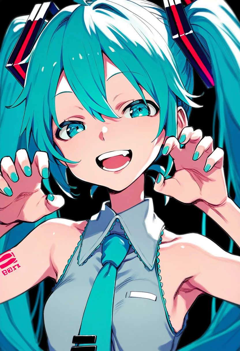 score_9, score_8_up, score_7_up, score_6_up, tatata_style BREAK
hatsune miku, 1girl, :d, claw pose, hair between eyes, hand up, looking at viewer, open mouth, raised eyebrows, sleeveless shirt, smile, solo, teeth, upper body, upper teeth only, very long hair, aqua nail polish, half-closed eyes , black background
