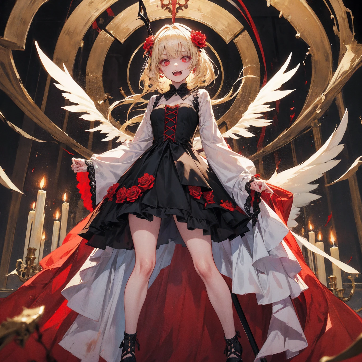 masterpiece, Highest quality, High resolution,(Highest quality,4K,High resolution,masterpiece:1.2),Very detailed,Realistic:1.37,masterpiece, Highest quality, Exquisitely crafted, woman, beautiful, elegant, smile, Blood, iridescent Long Hair, bangs, skirt, shirt, Long sleeve, Frills, shoes, (Red and Black:1.4), flower, spooky, Horror, head蓋Bones, Long Hair, Black Hair, Candles, Blood, hair flower, Dead, hair ornaments, Bone, 人形Horror (theme),spooky altar background,Dark fantasy,Red color scheme,Ominous atmosphere,eyeを引く,Storytelling,Anime Style,Concept Art,beautiful細部までこだわった顔と (((赤いeye ))),A terrifying ritual ,Satanic Ritual,Humanoid,クレイジーなsmile,Scythe Face,Girl Monster, beautiful, Delicate facial features, 鋭いeye, Sharp Fangs, 青White skin, blonde,robot,Cursed Painting, Dark Background, Cinema Lighting, Dramatic Shadows, Gothic style, Gloomy atmosphere, Dark fantasy, One Girl, , Please open your mouth wide, Open your mouth and baring your teeth,Sharp teeth like a beast, Wide lips, very wide mouth, Vermilion cheeks, ,(Bloodしぶき:1.4),Scary smile, smile,Fallen angel design, ねじれたsmile、Bloodまみれの、headからの出Blood,、Bloodしぶき、,(Bloodしぶき:1.4),Crossbones, head蓋Bone,Horror 一人の男の子, Cream colored hair, Blonde, Pearly hair, nice boy, Pure white angel wings, Loose-fitting clothing, Larger clothes, dark red eye, eyeの下のたるみ, dark circles under eye, やみcute, Fluffy hair, Voluminous Hair, skinny, slim, very skinny, Androgynous, cute, spooky, short hair, Horror, Faded colors, White skin, spooky, Unnaturally thin, I'I am hungry, eye, eye in background, sharp eye, Long eyelashes, Under the eyelashes, Loose shorts, レースshirt, Frillsshirt, Tie the ribbon'head, Detailed clothing, A loose cardigan, Open cardigan, 滴るBlood, that'terrible, nightmare, Haunted, stitch, patchwork, string, Injury, hell, Injury on arms, self-harm, cut, Black Fingers, factory, Abandoned, A dismembered ghost,Many heads,Many heads,Lots of faces,Multiple faces,Multiple Girls,Frolicking Girl,複数のwoman,tea ,クレイジーなsmile,look up,Face shot,Scythe Face,Girl Monster, slave,beautiful, Detailed portrait, Delicate facial features, 鋭いeye, Sharp Fangs, 青White skin, Thick chain, Dark Background, Cinema Lighting, Dramatic Shadows, Gothic style, Gloomy atmosphere, Dark fantasy, One Girl, , Please open your mouth wide, Open your mouth and baring your teeth,Sharp teeth like a beast, Wide lips, very wide mouth, Vermilion cheeks, ,(Bloodしぶき:1.6),Scary face, Laughter Witch design, ねじれたsmile、Bloodまみれの、headからの出Blood,,、Bloodしぶき、,(Bloodしぶき:1.6),Crossbones, head蓋Bone, , Horrorスタイル, ((Fantasy Witch Costume)), ((Flowing white hair)), ,(Bloodしぶき:1.6),womanの曲線, Large Breasts, Thick thighs, Sexy flat stomach, Perfect hands, Perfect anime face, ((dark lolita dress)), Are standing, ((邪悪なsmile)), ,(Bloodしぶき:1.6),Victorian cities, gaslight, Steam circulates, Moonlight Illumination, night lighting, A sky filled with stars and galaxies,disaster々new devil horns,,(Bloodしぶき:1.6),アニメゾンビWitch design, ねじれたsmile、Bloodまみれの、headからの出Blood,,、Bloodしぶき、,(Bloodしぶき:1.6),Crossbones, head蓋Bone,,Photo Background,Wide Shot,Scythe Face,Girl Monster, slave,beautiful, Detailed portrait, Delicate facial features, 鋭いeye, Sharp Fangs, 青White skin, Thick chain, Dark Background, Cinema Lighting, Dramatic Shadows, Gothic style, Gloomy atmosphere, Dark fantasy, One Girl, , Please open your mouth wide, Open your mouth and baring your teeth,Sharp teeth like a beast, Wide lips, very wide mouth, Vermilion cheeks, ,(Bloodしぶき:1.6),Scary face, Laughter Witch design, ねじれたsmile、Bloodまみれの、headか