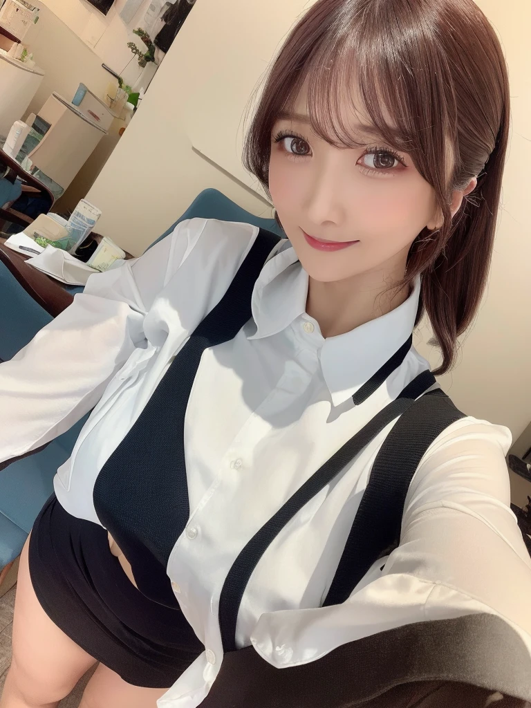 Highest quality、masterpiece、8k、Very detailed、Realistic、(One person:1.2)、Looking at me with a smile、whole body、Black Hair、Short Hair、Small face、Slender、(Very large breasts:1.2)、Thin and beautiful legs、narrow and constricted waist,、(Family Restaurant Uniforms:1.2)、A tight-fitting white shirt with buttons and a collar、A short, black, high-waisted skirt、(Nobody background)