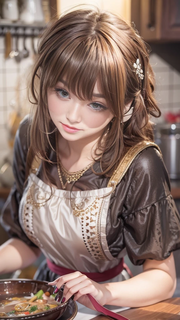 (32K:1.5, Highest quality, masterpiece, Ultra-high resolution), Professional camera work:1.6, Very detailedな肌と顔の質感:1.3, Captivating portrait:1.3, Very accurate, Very detailed, ((Tall woman, Cook:1.4, kitchen, Wearing an apron:0.7)), Incredibly slim body, Fair skin, elegant, Heartful, sense of openness, sense of cleanliness, Sensual posture, (Big eyes that exude beautiful eroticism:0.4, Happy expression:1.0, I love you with all my heart:0.8, Open your mouth a little, lipstick, Feel the beautiful eroticism:0.9), Dark brown medium hair, Mid-chest, Earrings, necklace, bracelet, (romantic, mysterious), Object of admiration, Fancy, original, dramatic, artistic, Innovative, special, exciting, Extreme, Tilt, sense of loss, sorrow, sorrowの表現, ((Adult charm, Feminine charm))
