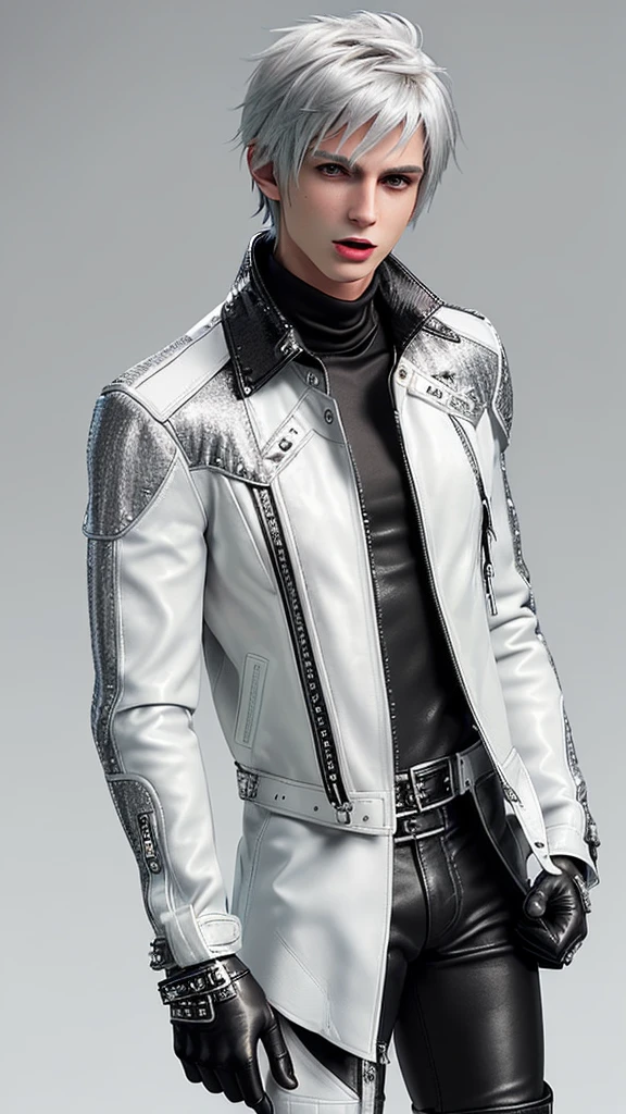 Final fantasy taste and reality graphics, Japanese young cute and cool ikemen  boy, his age is early 20s, thin eyebrows and beady eyes,  ((he wearing off white color leather  thick material jacket)), ((jacket is singlebrest)), biker style jacket, with epaulet, jacket is long sleeve, ((must close the front of the leather jacket)), , ((voluminous leather jacket)), ,((must jacket is high length and stand-up collar)) ((jacket collar with two belts)), ((jacket is a little black color line pattern)),((close the front of the jacket)), ((also wearing black thick material turtleneck lackluster shirts)),  ((tight black leather pants)),  ((black leather tight and thin glove)), ((black leather knee-high raceup boots)),((must views  head-to-toe)),((must views whole body)), ,((Do not show skin from the neck down)),leather jacket leather glove and leather pants have few wrinkles, Avoid showing your innerwear,zip up jacket fastner.must put on a leather glove.
Bous face is expression of ecstasy.
Boy is black hair.boy looks like fashion model.
((Boy wrap gagged with silver duct tape,mouth area))