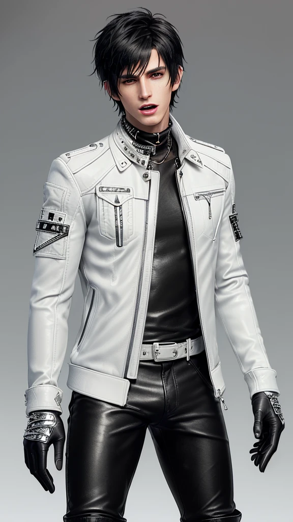 Final fantasy taste and reality graphics, Japanese young cute and cool ikemen boy, his age is early 20s, thin eyebrows and beady eyes, ((he wearing off white color leather thick material jacket)), ((jacket is singlebrest)), biker style jacket, with epaulet, jacket is long sleeve, ((must close the front of the leather jacket)), , ((voluminous leather jacket)), ,((must jacket is high length and stand-up collar)) ((jacket collar with two belts)), ((jacket is a little black color line pattern)),((close the front of the jacket)), ((also wearing black thick material turtleneck lackluster shirts)), ((tight black leather pants)), ((black leather tight and thin glove)), ((black leather knee-high raceup boots)),((must views head-to-toe)),((must views whole body)), ,((Do not show skin from the neck down)),leather jacket leather glove and leather pants have few wrinkles, Avoid showing your innerwear,zip up jacket fastner.must put on a leather glove.
Bous face is expression of ecstasy.
Boy is black hair.boy looks like fashion model.
((Boy wrap gagged with silver duct tape,mouth area))