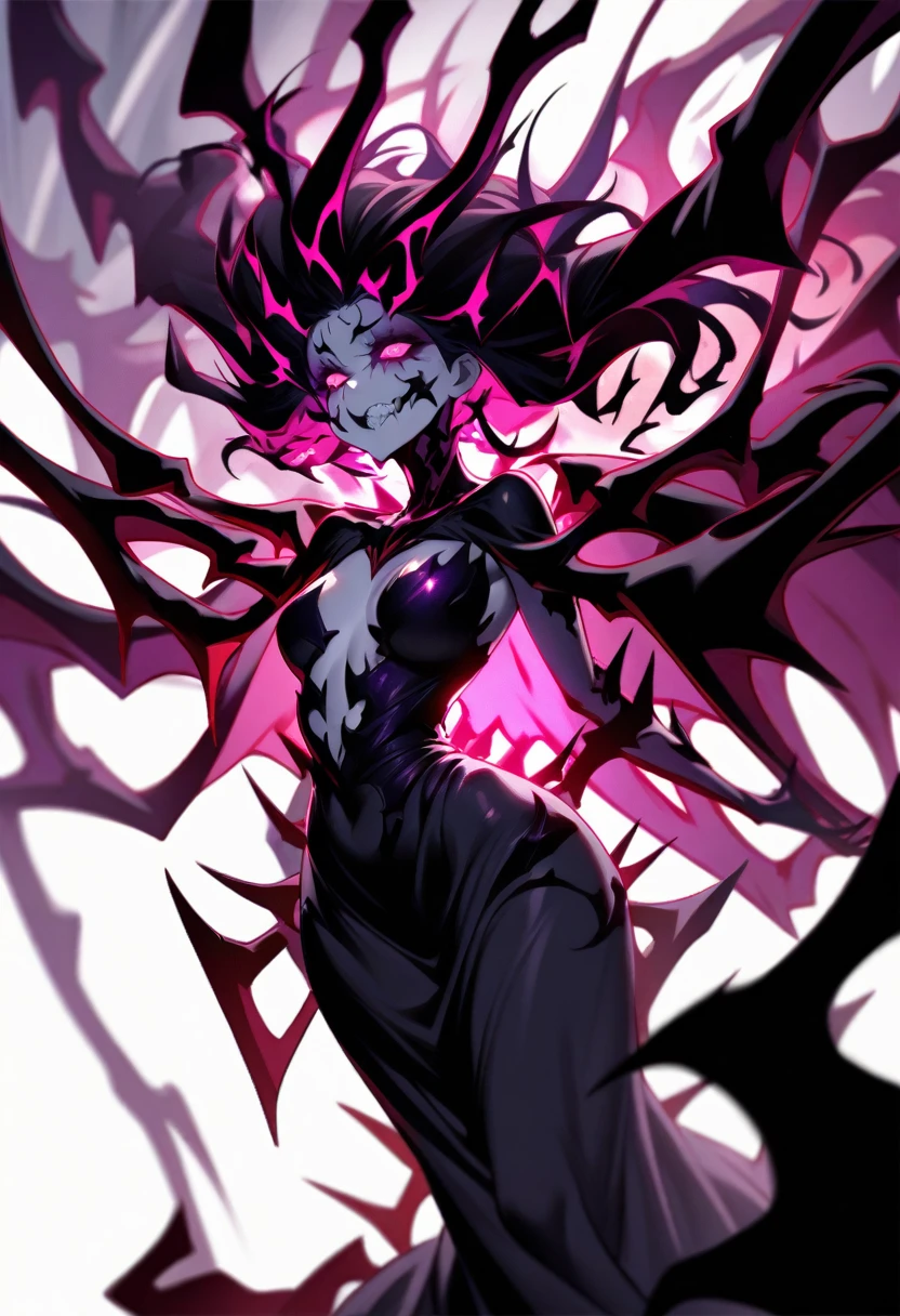 1woman, solo, grotesque transformation into a succubus, starting in a simple, modest dress, front view. As she transforms: her hair becomes a chaotic mass of writhing, fiery red tendrils, her eyes hollow out with a flickering, menacing violet glow, and her skin turns an unnaturally pale, ghostly white with dark, pulsating veins. The dress disintegrates, revealing a tattered, flowing robe that seems to absorb light. Bat-like wings grotesquely sprout from her back, twisted and malformed. Her final form is an emaciated, skeletal figure with a wide, gaping maw filled with jagged, shifting teeth. Her presence emits an overwhelming aura of terror, distorting the space around her into a nightmarish, suffocating atmosphere. Simple background.