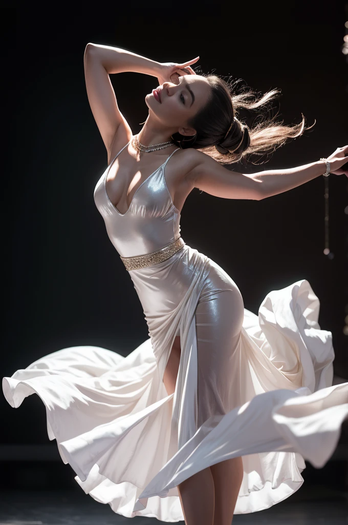 Masterpiece: 1.5, Dramatic Lighting, Professional Puerto Rican and Portuguese Dancer, Mid-Performance, White, Flowing Dress, Dark Background, Sense of Depth, Focus, Sparkling Belt, Glamour, Agility, Control, Elegant Movements, Graceful Arms, Bent Knees, Raised Above Head, Bathed in Passion, Emotion, Off-Center Composition, Turned Face, Closed Eyes, Sense of Surrender, Dance Form Beauty, 1 dancer, Captivating Portrait.

3D Octane Rendering, Ray Tracing, Super Detailing Viewer, Close