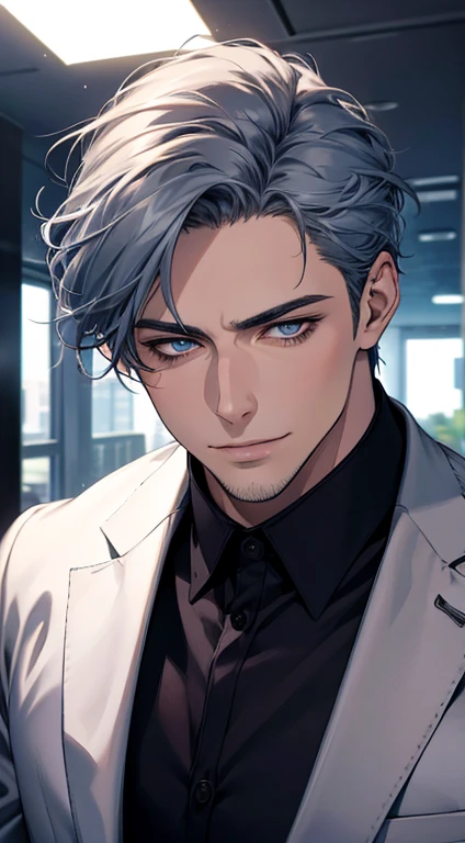 (best quality,4k,8k,highres,masterpiece:1.2),ultra-detailed,(realistic,photorealistic,photo-realistic:1.37),1 man,31 years old,mature man,very handsome,without expression,smile,short grey blue hair,blue eyes,penetrating gaze,perfect face without errors,imposing posture,businessman,office background,cinematic lighting,hdr image